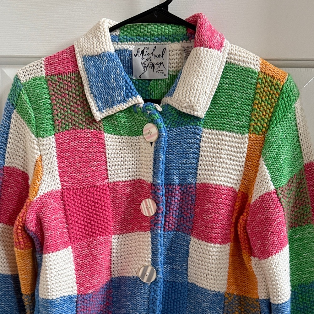 Michael Simon Multicolor Plaid Knit Cardigan - image 5